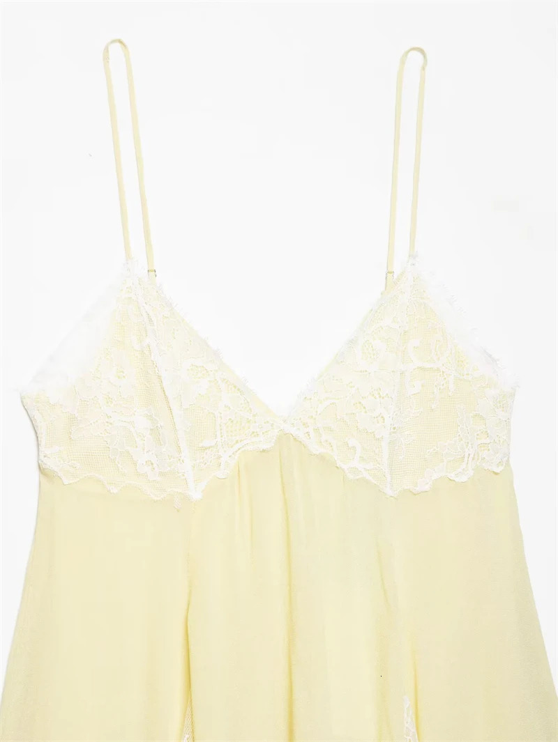 Womens Dress 2026 Fashion Spring Summer Yellow Lace Patchwork Short Dress for Women Sexy Chic Spaghetti Strap Dress 260424 - view 5