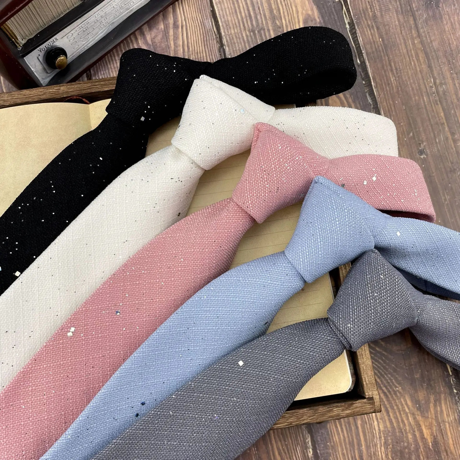 8CM Brown Neckties For Men Cotton Linen Shiny Sequin White Neck Tie Solid Color Soft Cravat Wedding Party Formal Stage Neckwear 260423