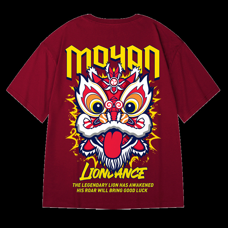 2026 New Men's Red Streetwear T-Shirt, Chinese Style Lion Print, Loose Casual Plus Size Short Sleeve Tee for Big Guys