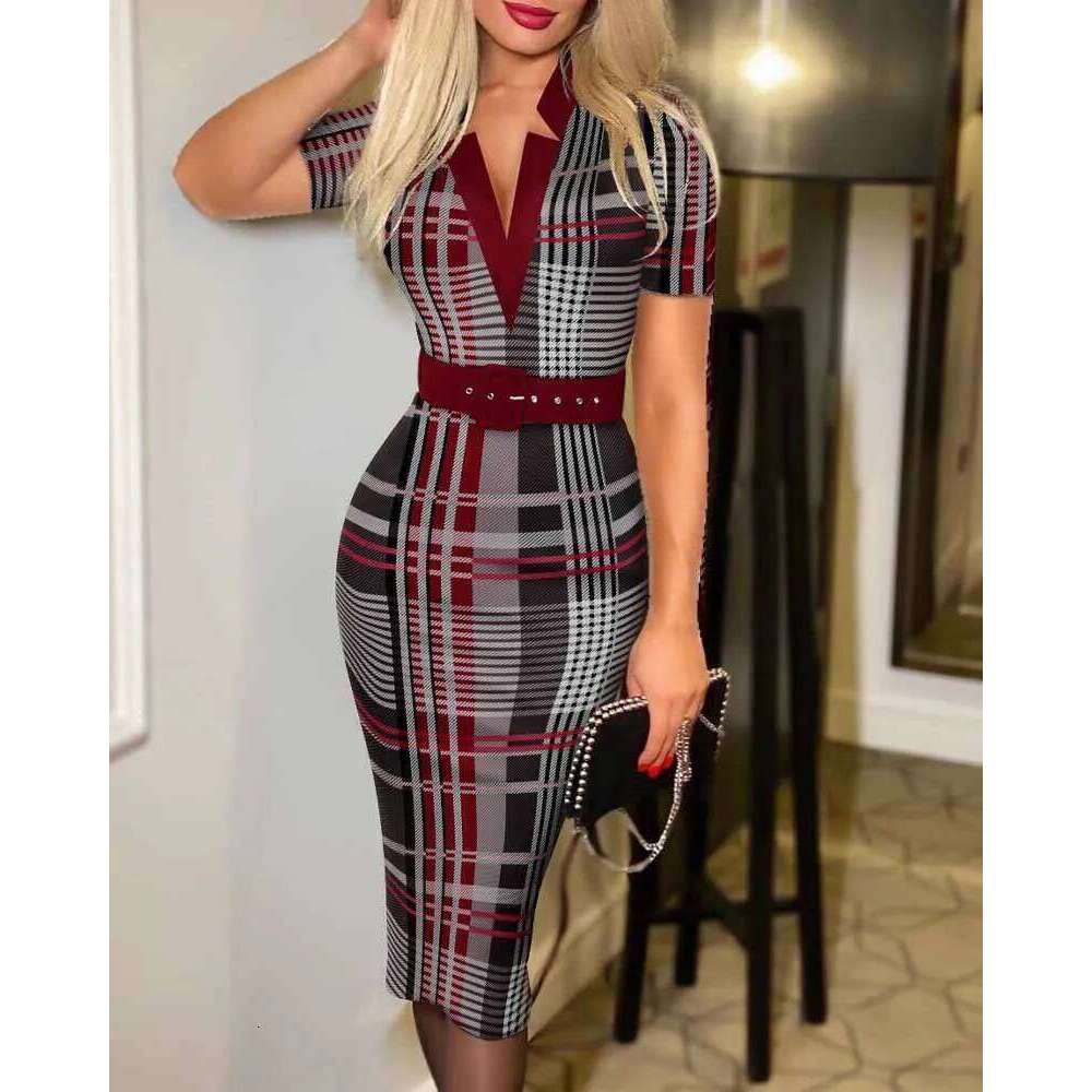 High End Geometric Pattern Midi Dress, MAKOUFEI Women Long Sleeve V Neck Knit Pencil Dress, Belted Bodycon, Elegant All Season Lady Wear MAKOUFEI