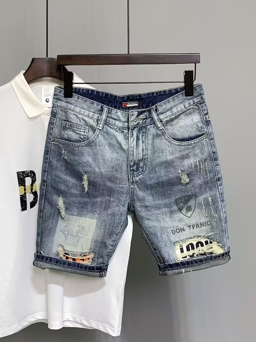 Men's Trendy Brand Distressed Denim Shorts, Splatter Graffiti Print, Slim Straight-Leg Korean Style, Heavyweight Washed Knee-Length Shorts