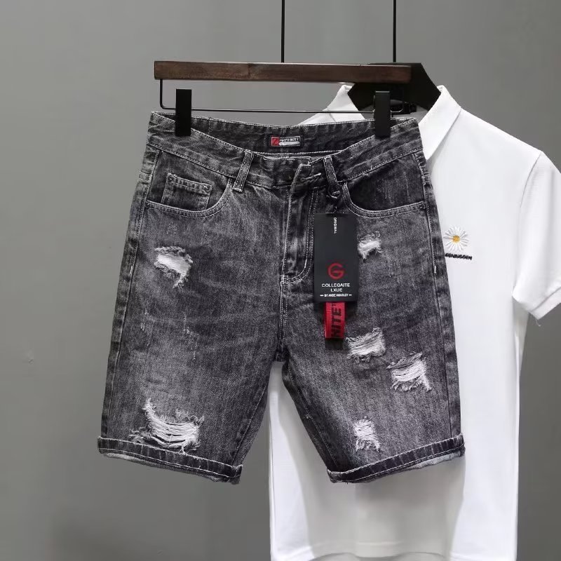 2026 Trending Men's Ash Gray Denim Shorts, Trendy Brand Embroidered Viral Style, Summer Korean-Inspired Knee-Length Shorts for Young Adults