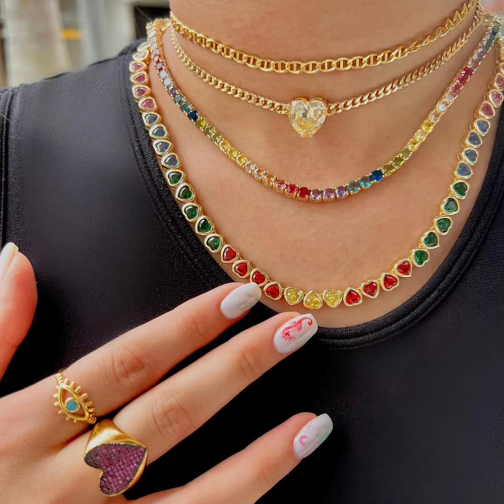 2026 New Gold Color Bezel Heart Shaped CZ Tennis Chain Bracelet Necklace Ring Gradual Rainbow Colorful Jewelry Set for Women - view 3