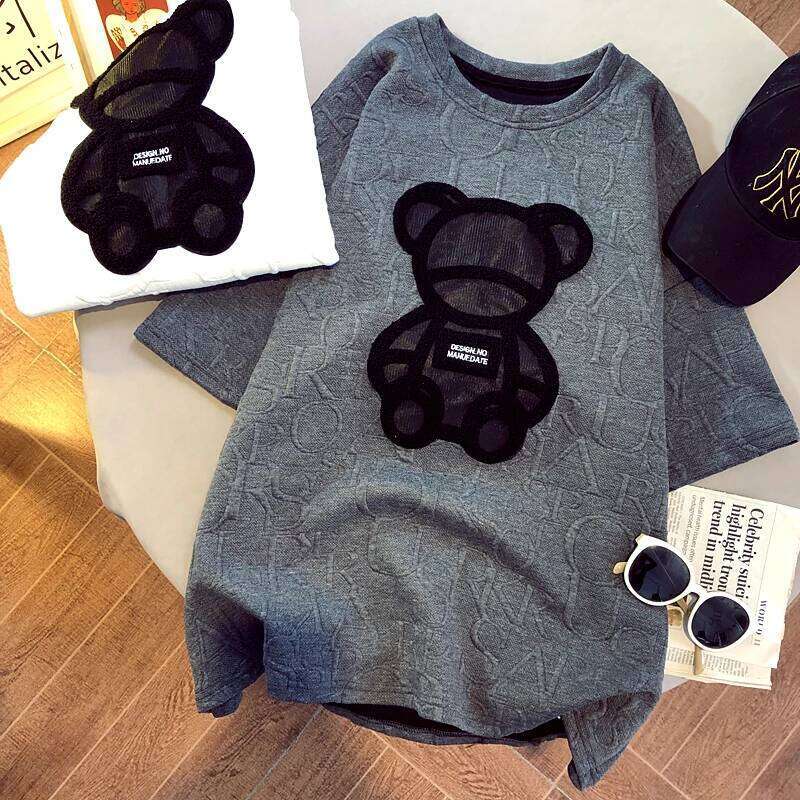 Luxury Letter Jacquard Bear White Tees, Harajuku O Neck Short Sleeve Tops, Plus Size Loose Summer Casual Shirts for Women MAKOUFEI