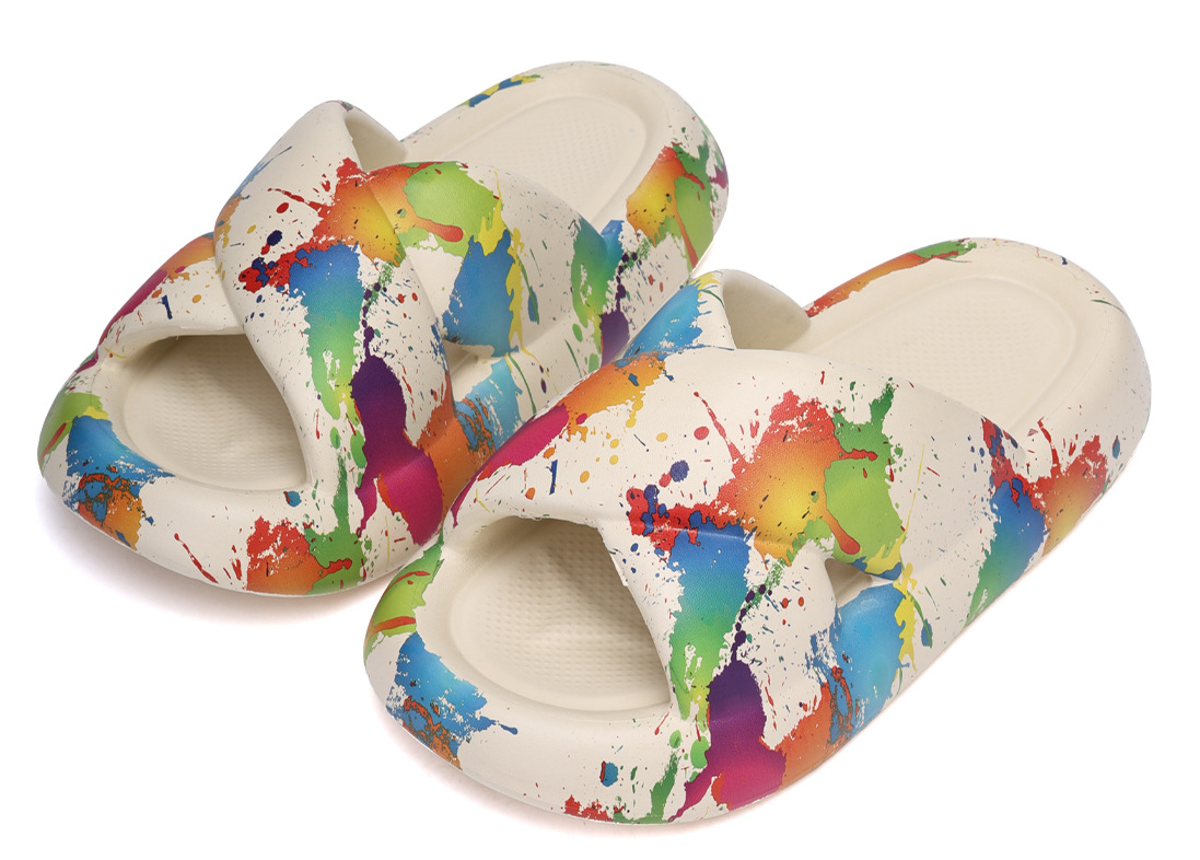 2026 New Fashionable Graffiti Printed Cross Thick Bottom Non slip Beach Cool Slippers