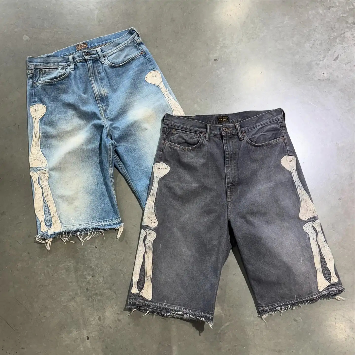 Summer retro skeleton denim shorts sports casual shorts couple wearing street 55 pants 2025 Europe and America 260421