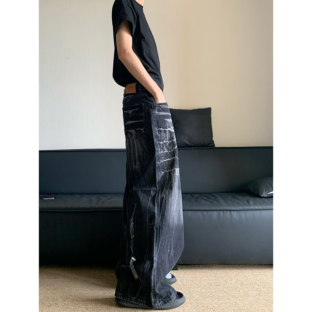 Men's American Vintage Cleanfit Washed Distressed Jeans, Niche Lightning Pattern Vibe, Loose Wide-Leg Casual Pants