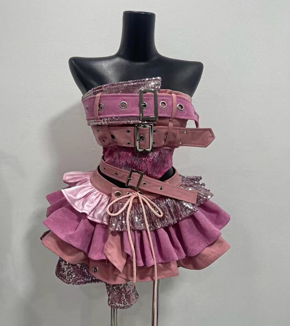 Summer Vintage Elegant Y2K Woman 2 Piece Sets Punk Gothic Strapless Crop Tops High Waist Ruffle Skirt Female Party Outfits 250612