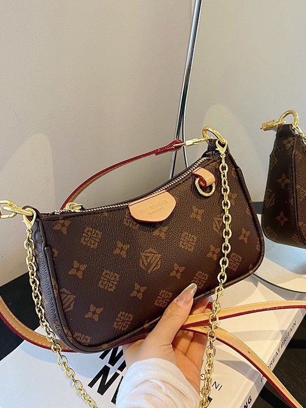 Womens Vintage Print Hobo Shoulder Bag Dual Detachable Strap Chain Crossbody Purse Classic Retro Pattern Underarm Bag For Daily Casual And Office Wear