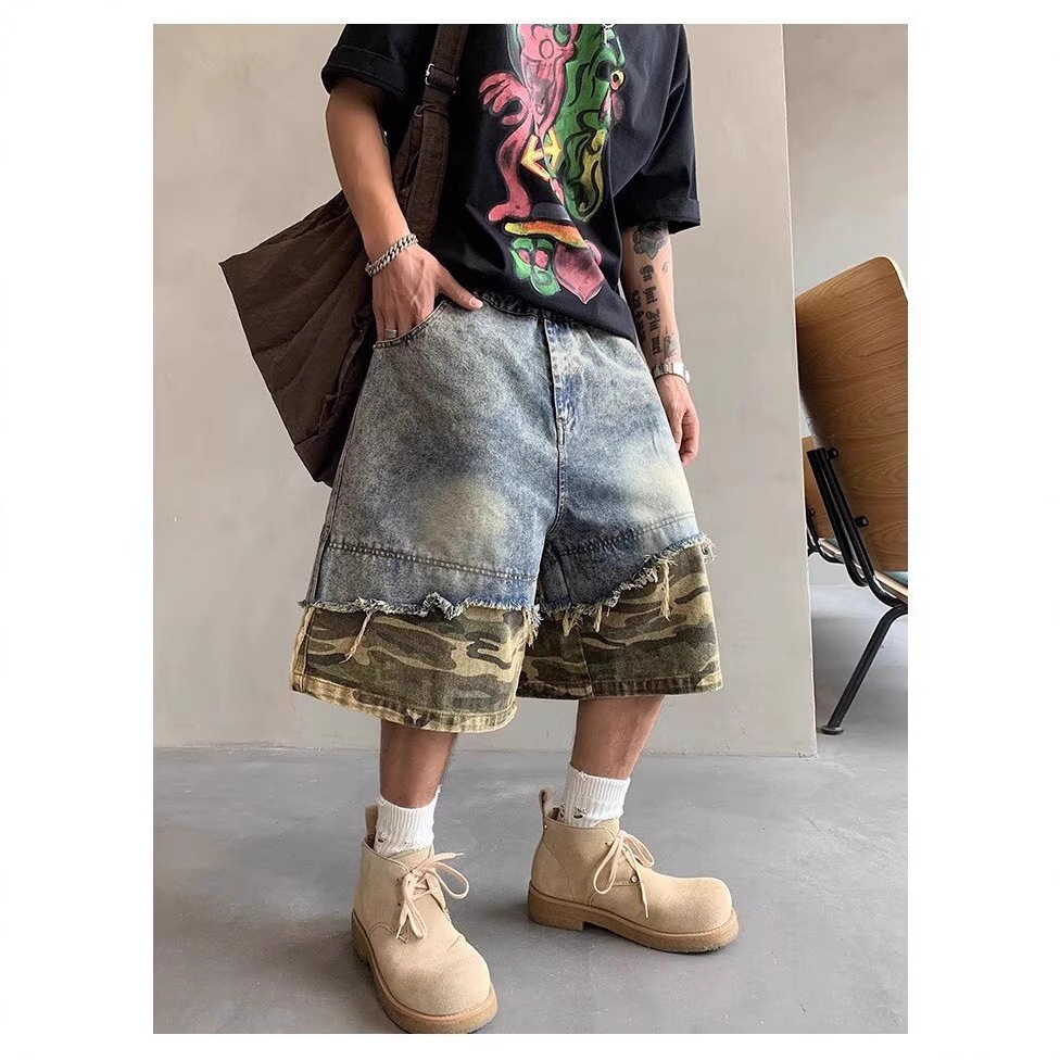 2026 New Men's Trendy Brand Slim Fit Camo Denim Shorts, Summer Casual Knee-Length 5-Inch Shorts