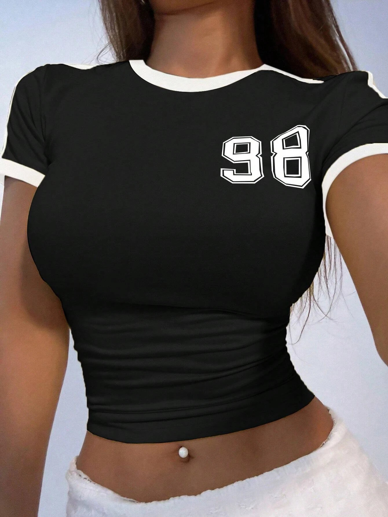 Womens Fitted Short Sleeve Contrast Trim Numeric Print T-Shirt Pink Top For Summer Graphic Tees Women Tops 260422 - view 3