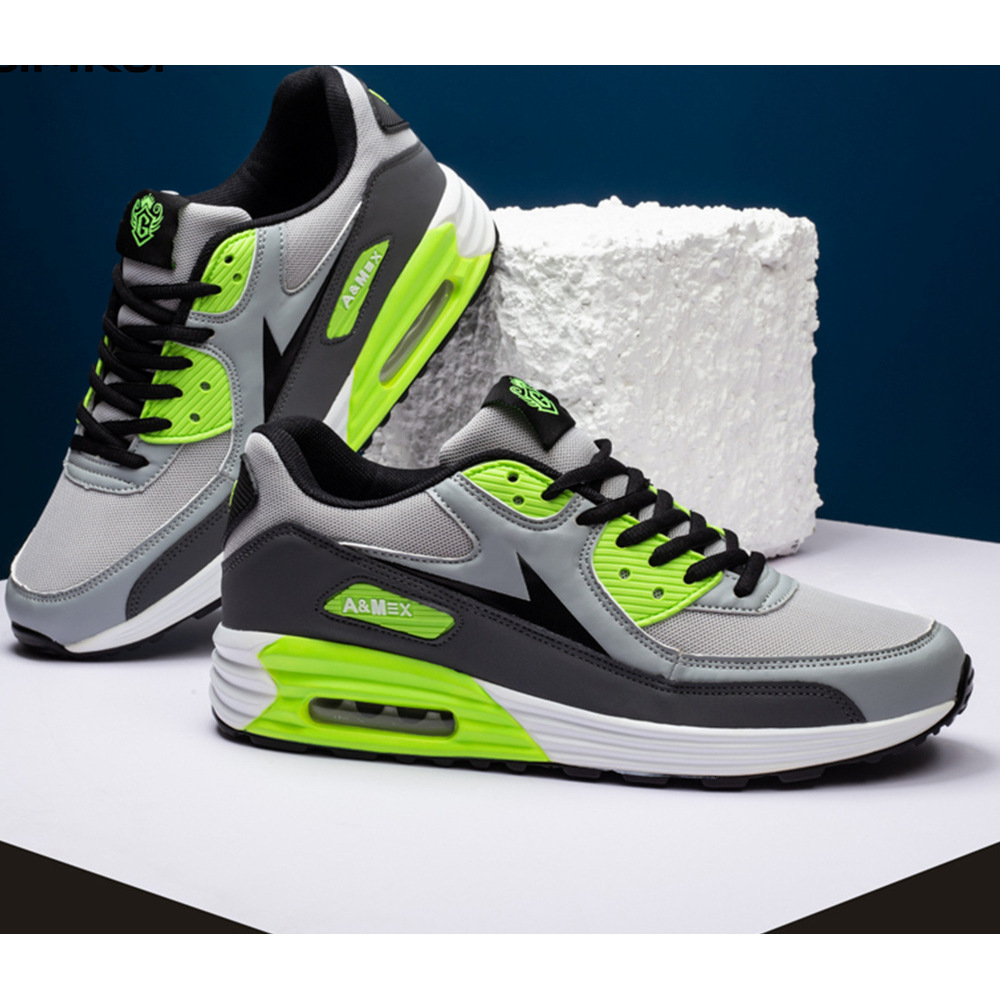 Men Air Cushion Neon Green Running Shoes, Breathable Mesh Shock Absorbing Athletic Sport Sneakers