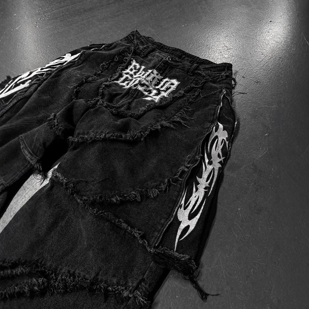 Luxury Brand Designer Mens Retro Patchwork Wide Leg Jeans Embroidered Frayed Streetwear Casual Daily Wear Chic Stylish Modern Trendy Fashionable Cool