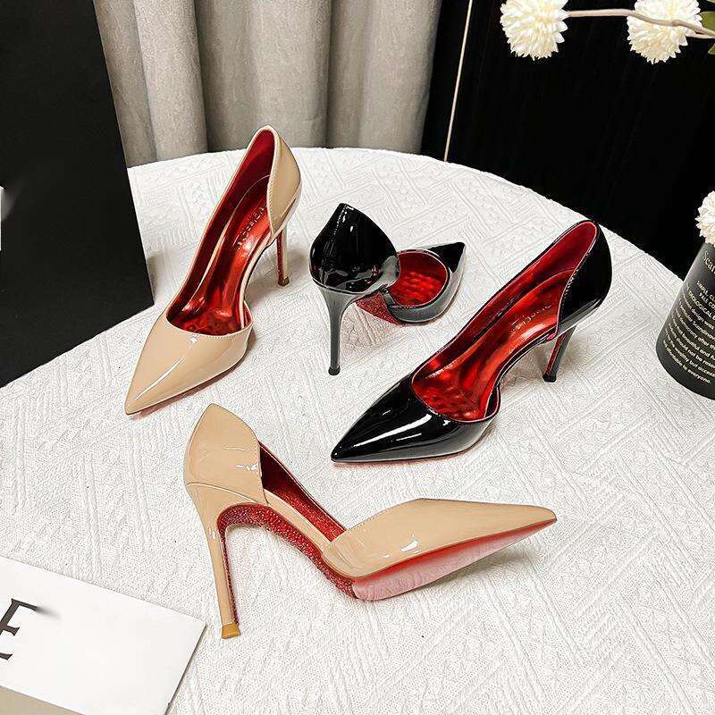 Nude Rhinestone Red Sole Side Hollow Full Wrap Stiletto Heels For Women Pointed Toe Shallow Mouth Sexy Elegant Versatile High-End Comfortable