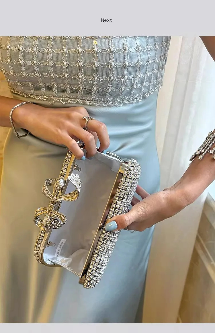 Glitter Metallic Bow Knot Evening Bag Wedding Party Exquisite Clutch Purse Women Handbag Crystal Rhinestones Diamond Banquet Bag 260424