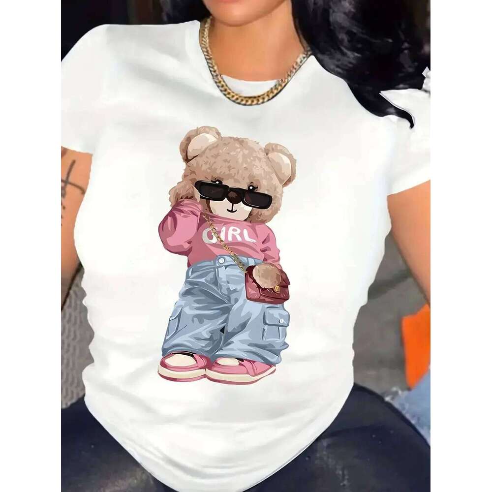 Luxury Y2K Bear Print T Shirt, Cute Graphic Camisetas, Casual Short Sleeve Women Tees, Fashion Streetwear Daily All-match Tops MAKOUFEI