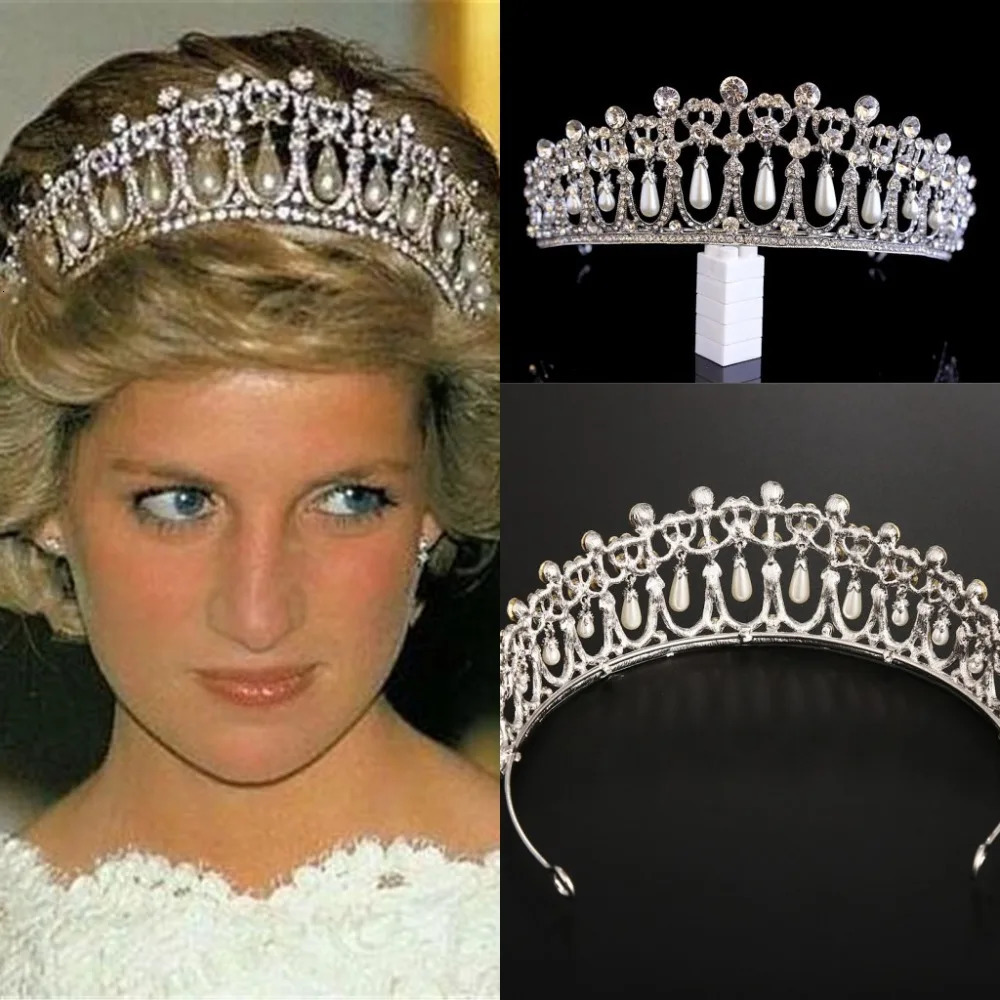 Vintage Silver Color Queen Princess Diana Crown Crystal Pearls Diadem For Bridal Hair Accessories Bride Headbands Tiara De Noiva 260424