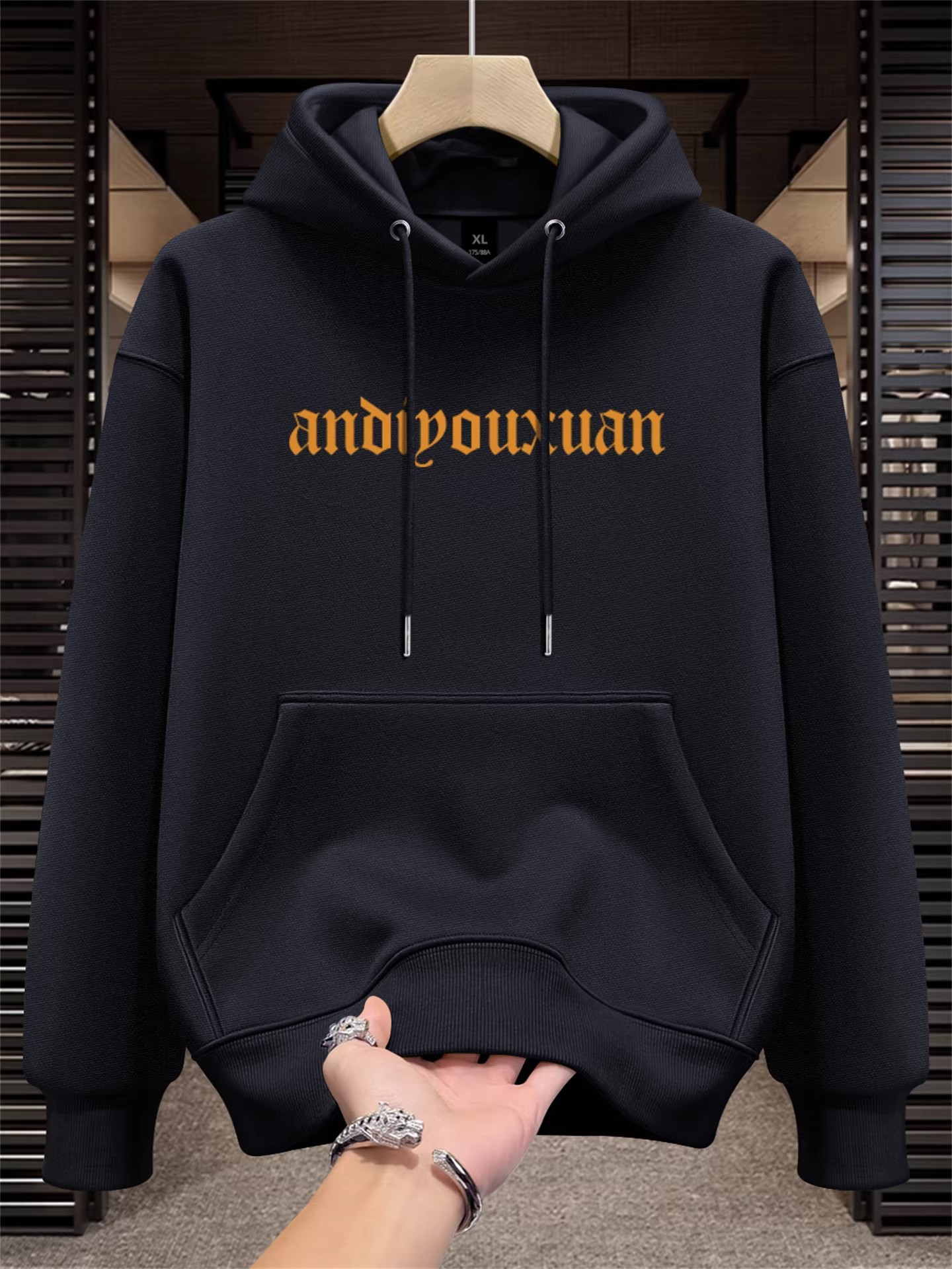 Men's American Vintage Streetwear Hoodie, Letter Printed, Heavyweight Loose Fit, Ruggy Stylish, Fleece Lined, Casual Warm Hooded Jacket for Autum