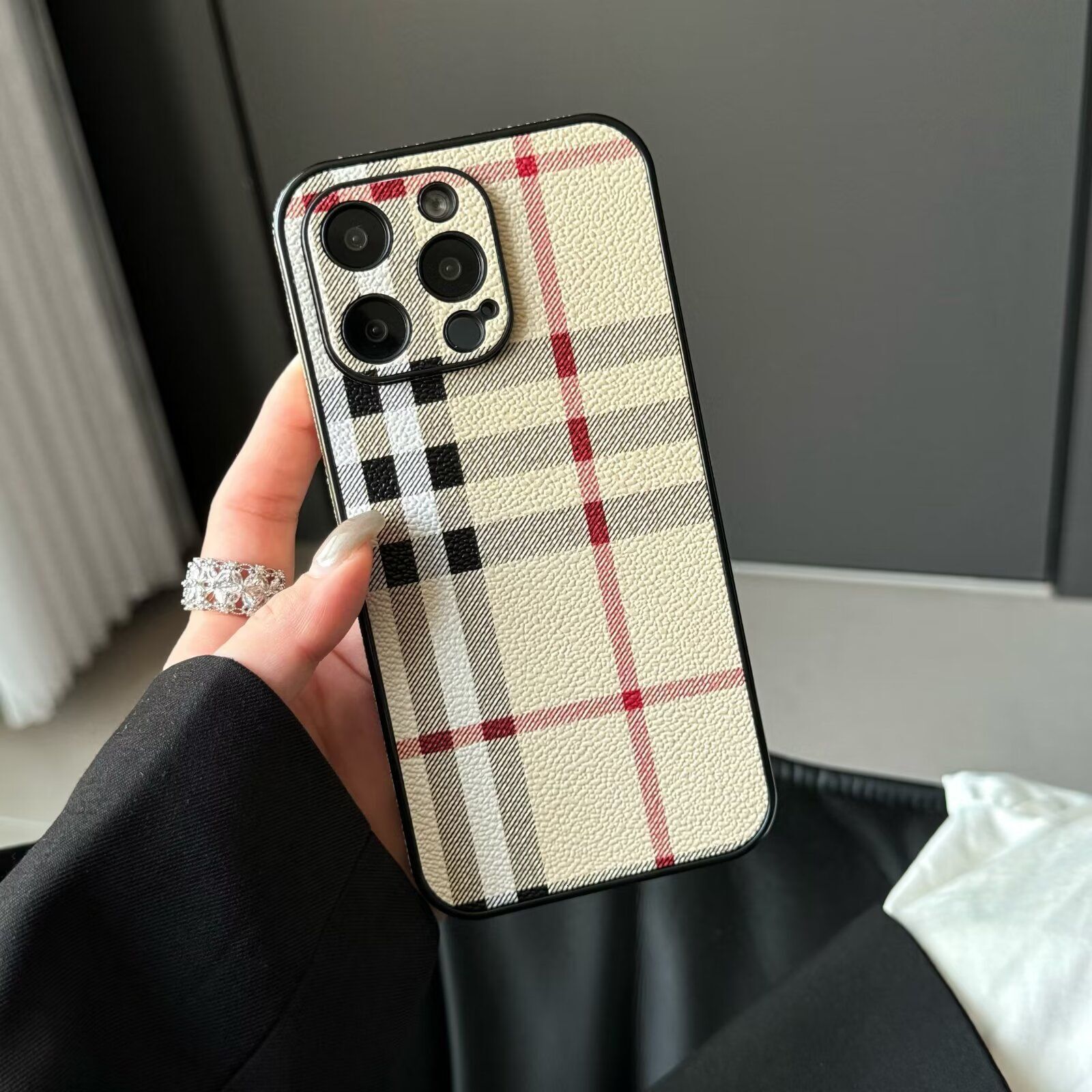 Compatible with Apple 16 Pro MAX Phone Case 15/14 Striped Plaid 13 Niche High-end 12 Side Sticker Leather
