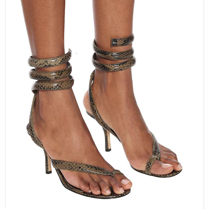 Women 2026 European And American Cross Border New Summer Printed Snake Pattern Elastic Loop Thin Mid Heel Clip Toe Large Size Women S Sandals