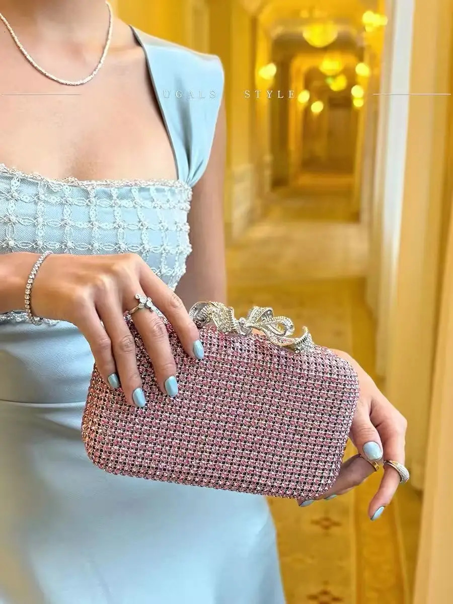 Glitter Metallic Bow Knot Evening Bag Wedding Party Exquisite Clutch Purse Women Handbag Crystal Rhinestones Diamond Banquet Bag 260424