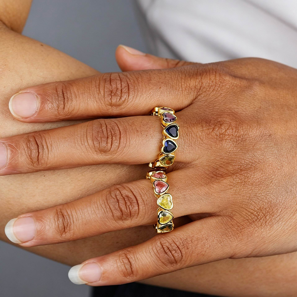 2026 New Gold Color Bezel Heart Shaped CZ Tennis Chain Bracelet Necklace Ring Gradual Rainbow Colorful Jewelry Set for Women - view 8