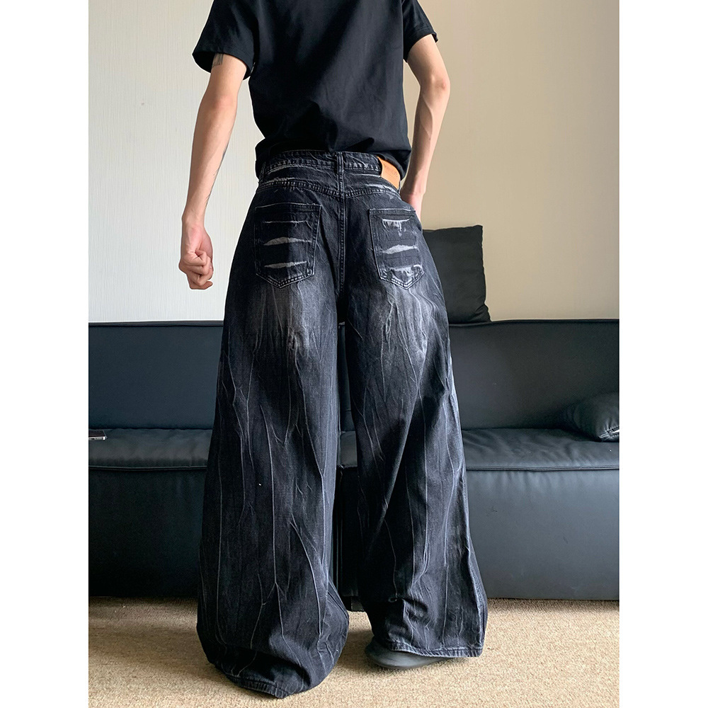 Men's American Vintage Cleanfit Washed Distressed Jeans, Niche Lightning Pattern Vibe, Loose Wide-Leg Casual Pants