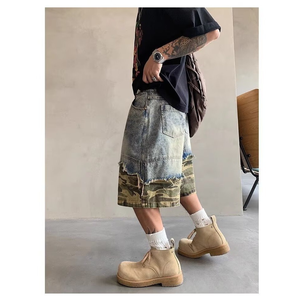2026 New Men's Trendy Brand Slim Fit Camo Denim Shorts, Summer Casual Knee-Length 5-Inch Shorts