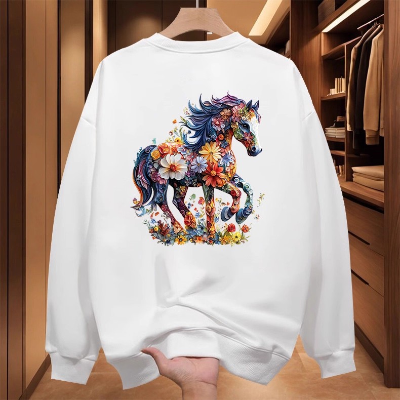 2026 Autumn Winter New Year Style Sweatshirt, Floral Horse Print, Streetwear Casual, Versatile Popular Crew Neck Sweatshirt, Unisex for Men and Women