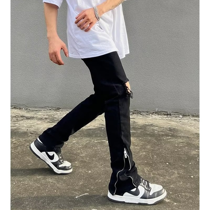 Men's American Streetwear Vibe Black Jeans, Zipper Split & Distressed Design, Ins Trendy Brand Straight-Leg Slightly Flared Pants