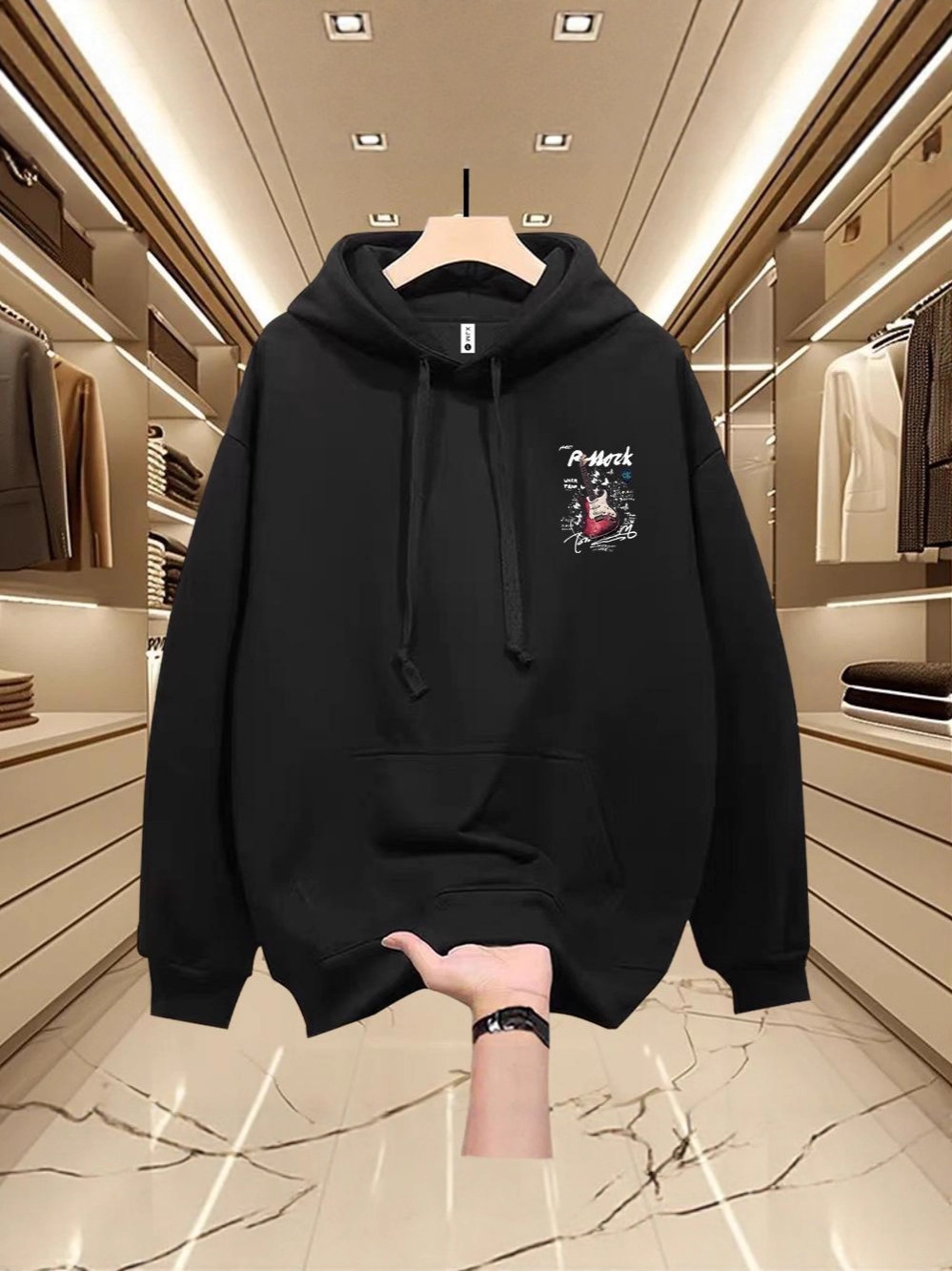 Men's American Streetwear Heavyweight Cotton Hoodie, Autumn Winter Printed Design, Fleece Lined, Thickened, Loose Fit, Casual Trendy Hooded Outer