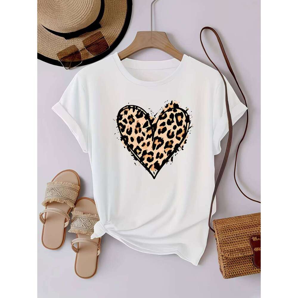 Luxury Leopard Print Heart T Shirt, Women Casual Crew Neck Short Sleeve Top, All Season Fashion Soft Daily Streetwear Blouse MAKOUFEI