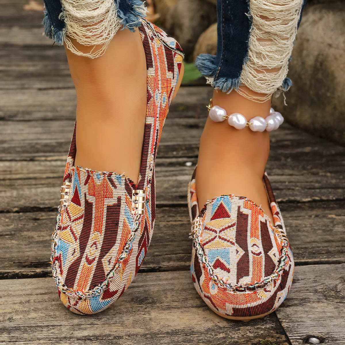 Women Vintage Monogram Print Loafers, Comfort Flat Slip-on Casual Driving Moccasin Shoes