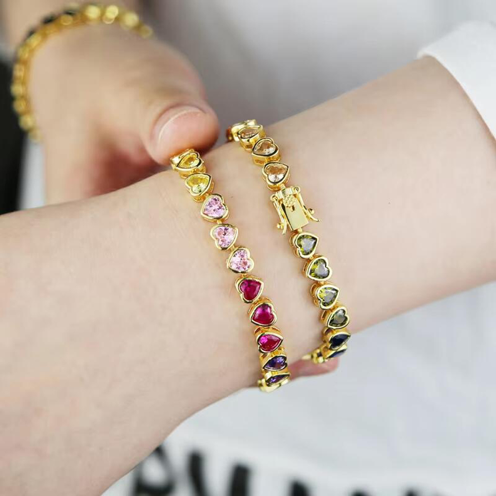 2026 New Gold Color Bezel Heart Shaped CZ Tennis Chain Bracelet Necklace Ring Gradual Rainbow Colorful Jewelry Set for Women - view 9