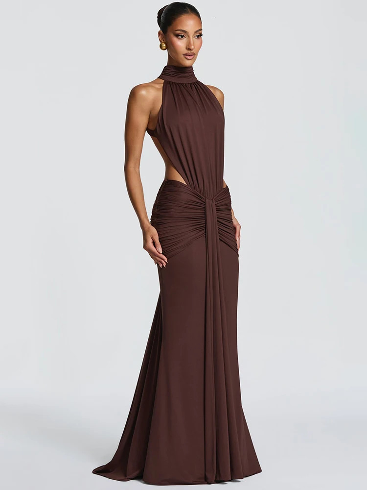 Mozision Turtleneck Backless Sexy Maxi Dress Women Gown Elegant Off-shoulder Sleeveless Ruched Bodycon Club Party Long Dress 260423