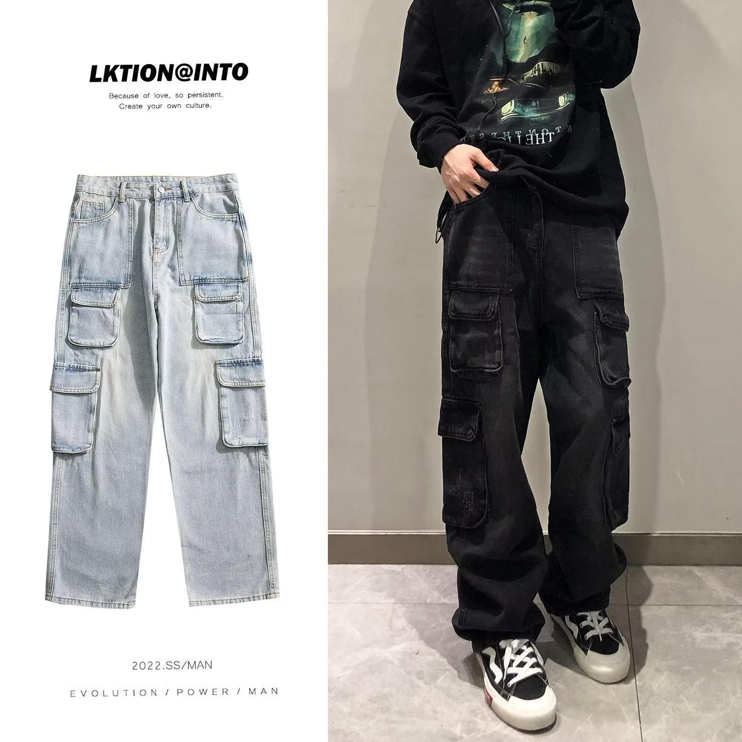Men's Multi-Pocket Cargo Jeans, Spring & Fall Style, Straight-Leg Loose Fit, Trendy Design Wide-Leg Streetwear Casual Pants