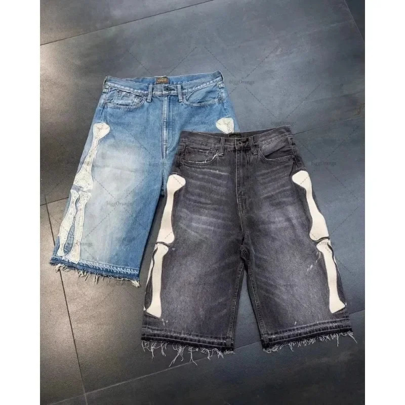 Summer retro skeleton denim shorts sports casual shorts couple wearing street 55 pants 2025 Europe and America 260421