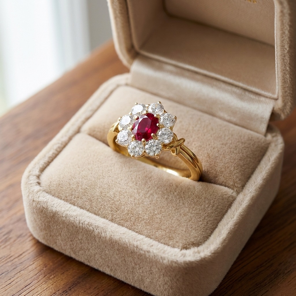 Choucong 14K Gold Fill Ruby Open Ring Vintage Floral Halo Oval Red Gemstone Ring with CZ Wedding Promise Jewelry for Women Daily Wear Adjustable Size