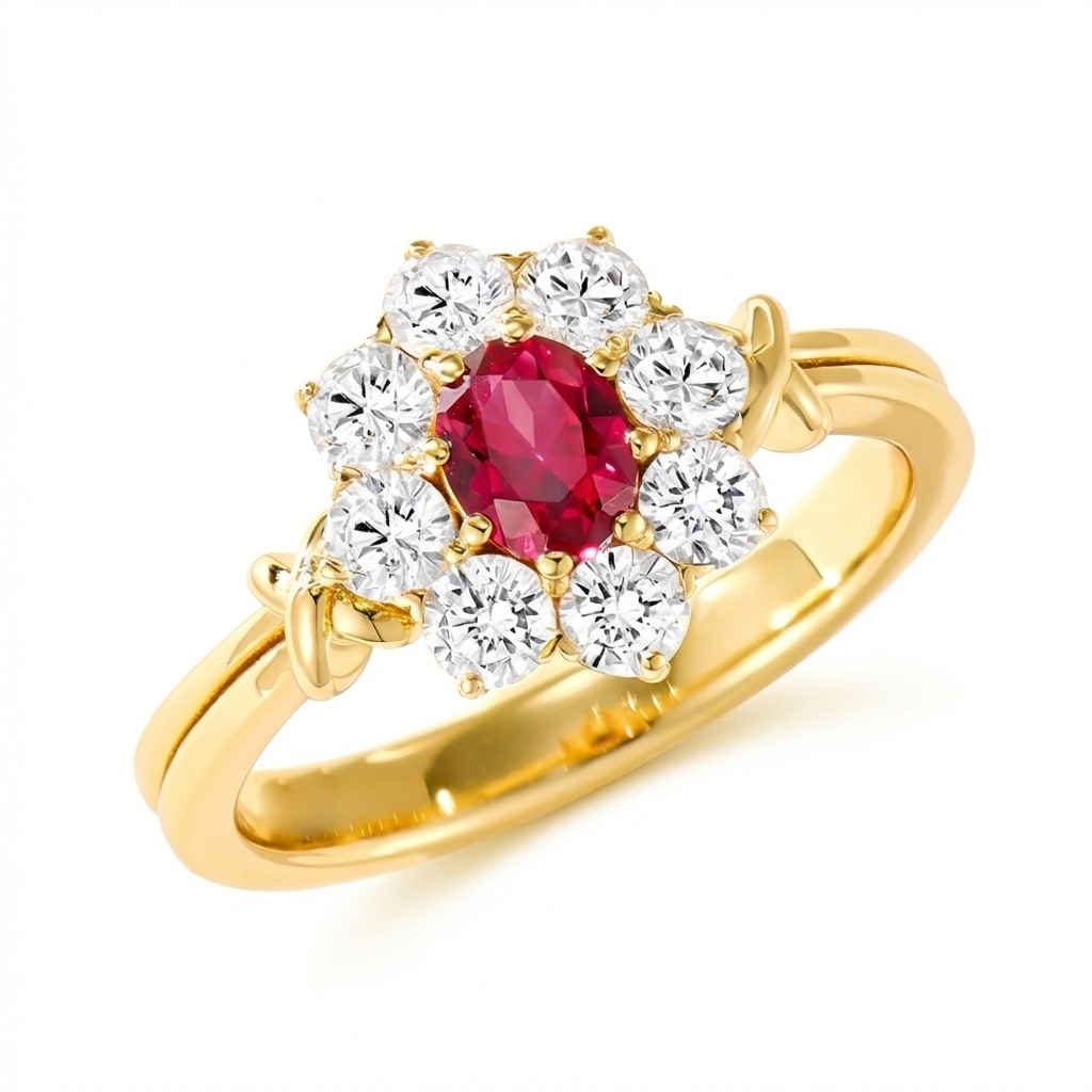 Choucong 14K Gold Fill Ruby Open Ring Vintage Floral Halo Oval Red Gemstone Ring with CZ Wedding Promise Jewelry for Women Daily Wear Adjustable Size