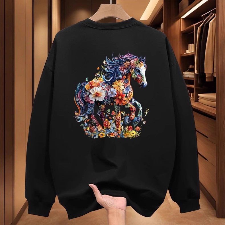 2026 Autumn Winter New Year Style Sweatshirt, Floral Horse Print, Streetwear Casual, Versatile Popular Crew Neck Sweatshirt, Unisex for Men and Women