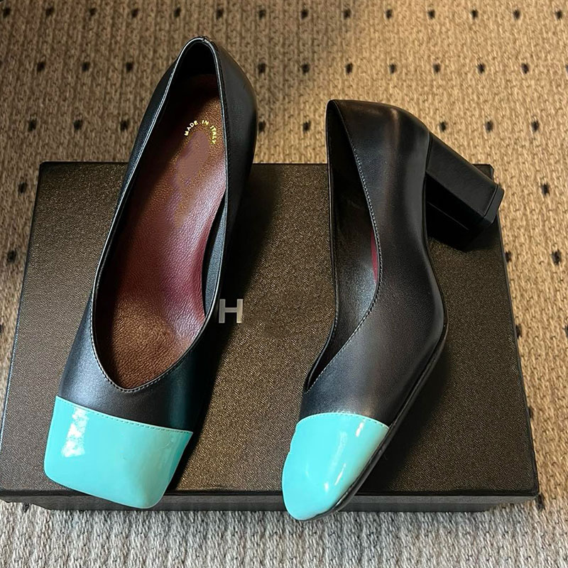 Designer CC Classic Square Toe Shoes Womens Color Blocked Retro High Heeled Sandals Ladie high Leather Pumps Leather Outsole Sizes 35 42 With Dustbag