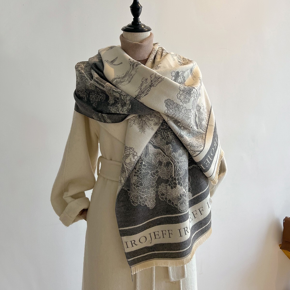 Designer Scarf - Peony Pattern Cashmere Scarf - Decorative Double-sided Shawl - Long Striped Multi-functional Warmth-keeping Scarf - Ladies' Luxu