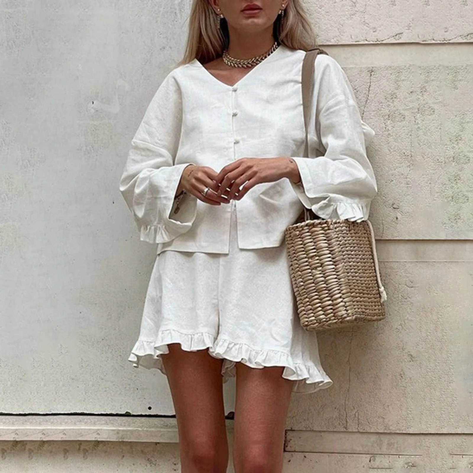 hirigin Linen Shorts Outfits Women 2 Piece Set Tie Front Long Sleeve Shirt and Ruffle Shorts Lounge Matching Set Tracksuit 260423