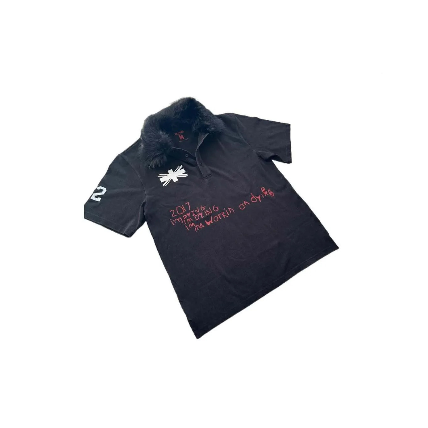 Vintage Washed Splicing with Fur Collar n Black Minimalism Cool Polo Shirts Comfortable Versatile Basic Daily Short-Sleeves 260423