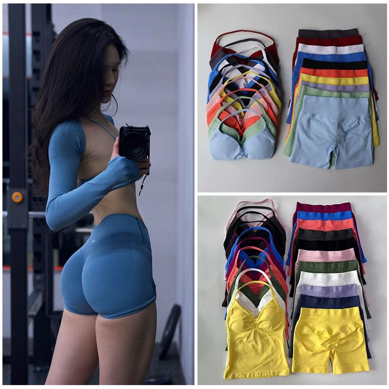 Dfyned Yoga Shorts Set Women Seamless Gym Sets Halter Padded Tank Bra Leggings Fitness Clothing Scrunch Bum Gym Shorts Top Workout Vest Longline Outfits Tracksuit