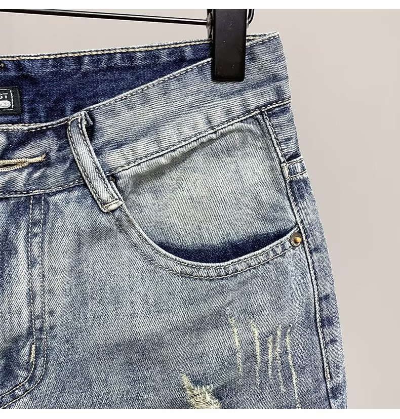 Men's Trendy Brand Distressed Denim Shorts, Splatter Graffiti Print, Slim Straight-Leg Korean Style, Heavyweight Washed Knee-Length Shorts