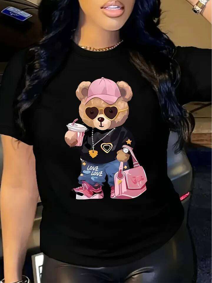 Luxury Cute Teddy Bear Graphic T-Shirt, Crew Neck Short Sleeve Top, Stylish Casual, Unique Design, Spring Summer Daily All-match Women Wear MAKOUFEI