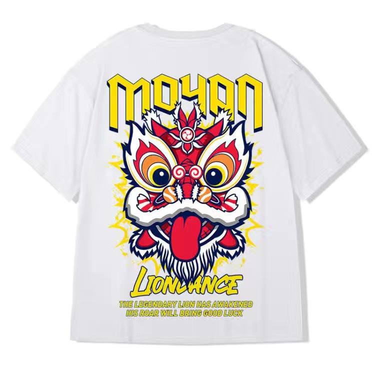 2026 New Men's Red Streetwear T-Shirt, Chinese Style Lion Print, Loose Casual Plus Size Short Sleeve Tee for Big Guys