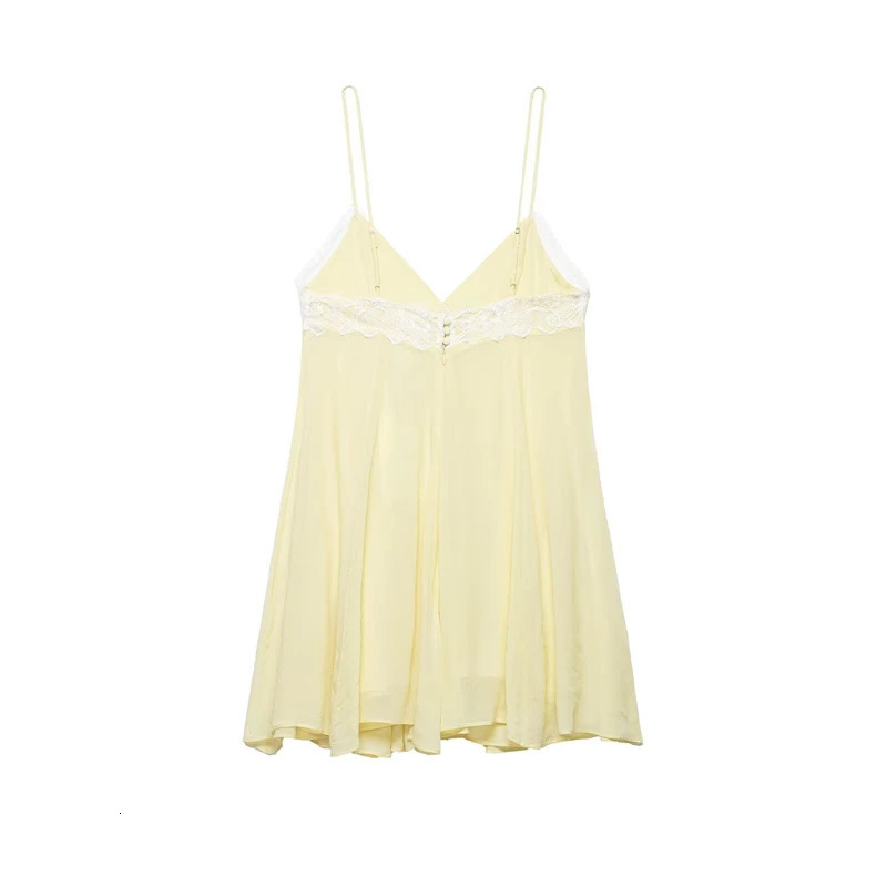 Womens Dress 2026 Fashion Spring Summer Yellow Lace Patchwork Short Dress for Women Sexy Chic Spaghetti Strap Dress 260424 - view 4