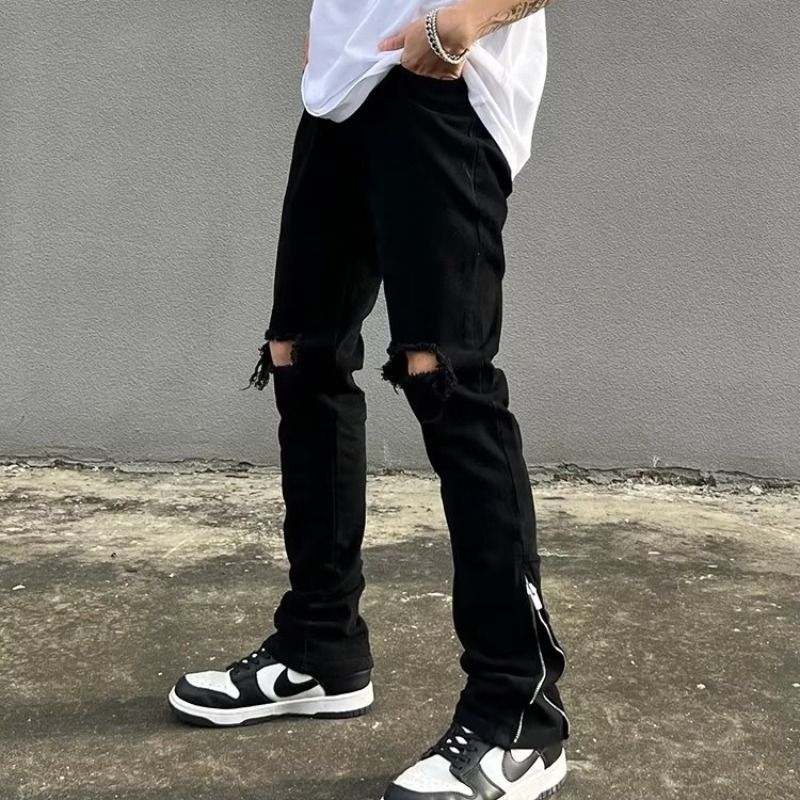Men's American Streetwear Vibe Black Jeans, Zipper Split & Distressed Design, Ins Trendy Brand Straight-Leg Slightly Flared Pants